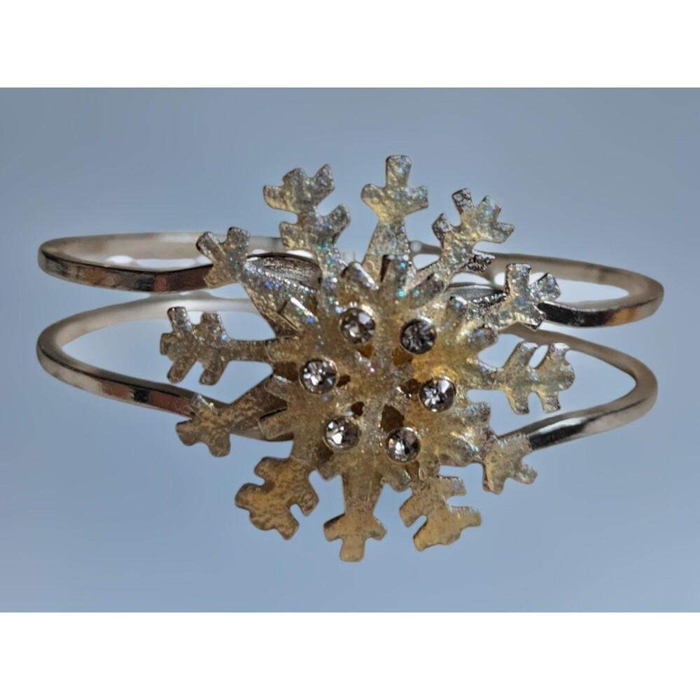 Silver Tone Snowflake Cuff Bracelet Rhinestone Glitter Winter Holiday Jewelry